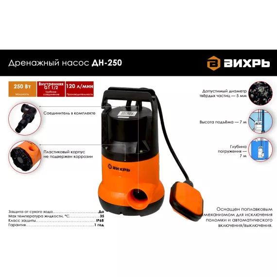 Дренажный насос Вихрь ДН-1100 68/2/7, изображение 2
