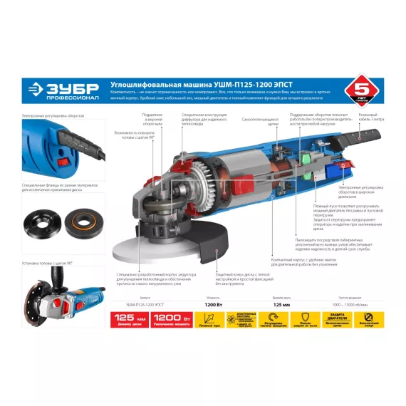 Углошлифовальная машина ЗУБР ПРОФЕССИОНАЛ УШМ-П125-1200 ЭПСТ, изображение 7