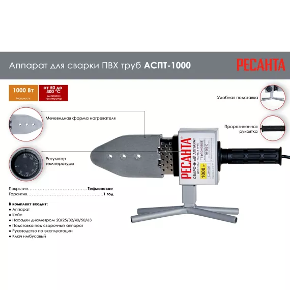 Аппарат для сварки ПВХ труб Ресанта АСПТ-1000 65/54, изображение 2