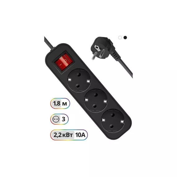 Удлинитель с заземлением DEFENDER G318, выключатель, 1.8 м, 3 розетки, 99333, изображение 2