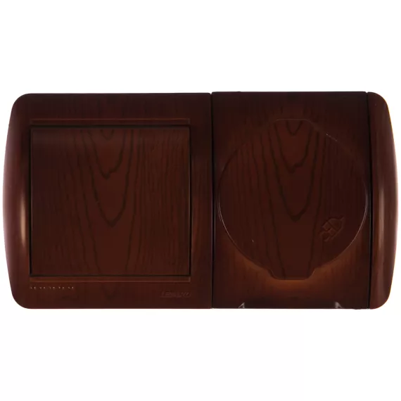 Выключатель и розетка Lezard NATA с заземлением, с крышкой, вишня, горизонтальный 710-0600-170