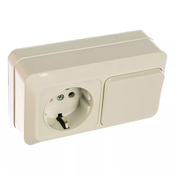 Горизонтальный блок: одноклавишный выключатель + розетка с заземлением, белый UNIVersal Олимп О0032, изображение 2