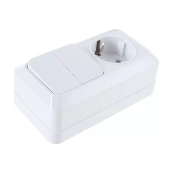 Горизонтальный блок: двухклавишный выключатель + розетка с заземлением, белый UNIVersal Олимп О0033, изображение 2