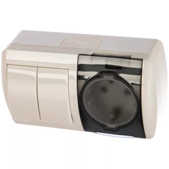 Выключатель и розетка Lezard, NATA, 2-х клавишный, с/з, с крышкой, белый, горизонтальный, 710-0200-171