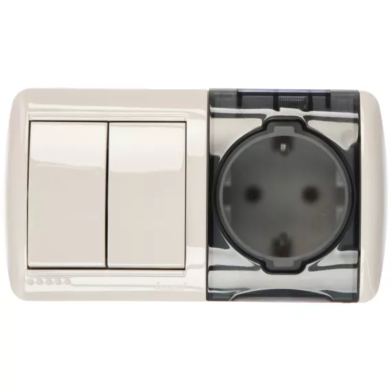 Выключатель и розетка Lezard, NATA, 2-х клавишный, с/з, с крышкой, белый, горизонтальный, 710-0200-171, изображение 2
