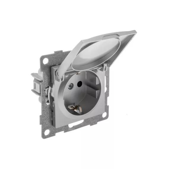Механизм розетки GUSI ELECTRIC Ugra 1-ой с/з с з/ш и крышкой, СУ, 16А, 250В, серебро С11Р91-004