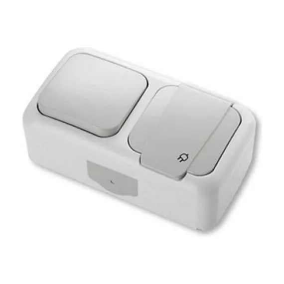 Блок: одноклавишный выключатель и розетка с крышкой VIKO серый, открытая установка 90555581