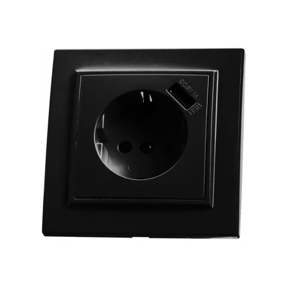 1-местная розетка STEKKER с заземлением и с USB, PST16-9011-03, с защитной шторкой, серия Эрна, черный 39480