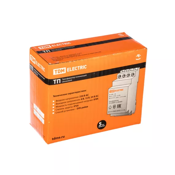 Понижающий звонковый трансформатор TDM ТП-230В/8-12-24В 8ВА DIN-рейка SQ0225-0001, изображение 2