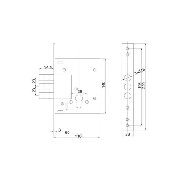 Корпус цилиндрового замка DOORLOCK DL9257С/60мм, хромиров. фронт. планка 28х220мм, реверсивный, диам. ригеля 16мм, OEM 75337, изображение 2