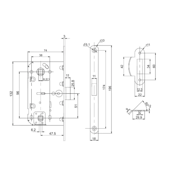 Врезная защелка PUNTO PL96WC-50 SN мат.никель /81628/ 39777, изображение 2
