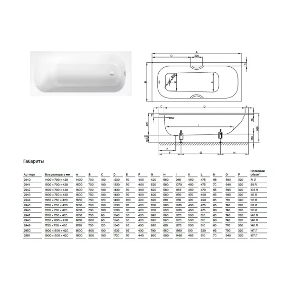 Ванна Bette Form 1600x700x420 с антислипом, цвет-белый 2942-000 AR; AD, изображение 2