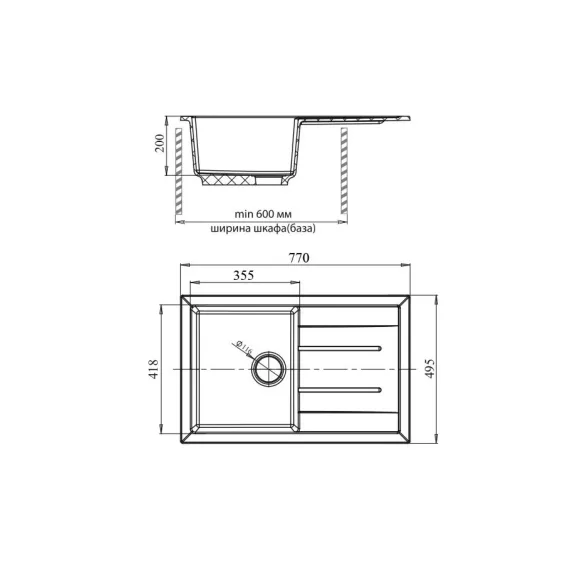 Мойка GRANFEST QUADRO GF-Q--780L мрамор, чаша с крылом, 770х495 мм, графит Q-780 L граф, изображение 2