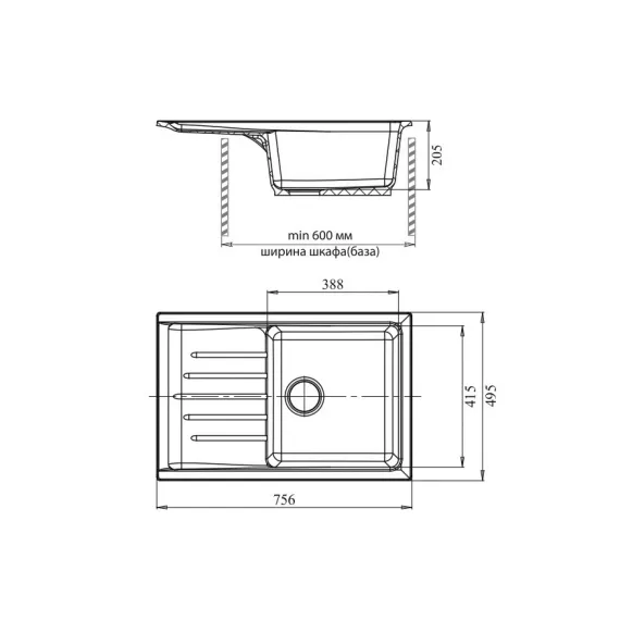 Мойка GRANFEST PRACTIK GF-P--760L мрамор, чаша с крылом, 756х495 мм, топаз P-760 L топ, изображение 2