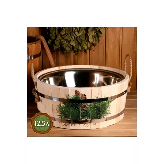 Шайка Добропаровъ Еловая ветка, 12.5 л, нержавеющая вставка, нержавеющий обод 5141105, изображение 2