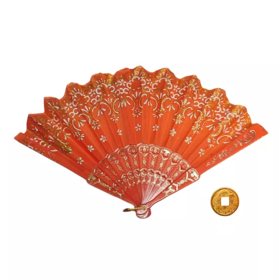 Веер складной №99 24см ткань, пластик + монета Денежный талисман