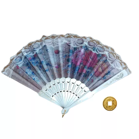 Веер складной №77 24см ткань, пластик + монета Денежный талисман