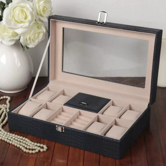 Шкатулка кожзам под часы 8 отделений и биж. Рептилия индиго матовая 9,5х33х20 см Sima-Land, изображение 2