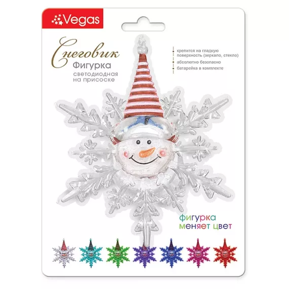 Фигурка VEGAS Снеговик светодиодная на присоске 10*12 см, меняет цвет, с батарейкой /48, изображение 2