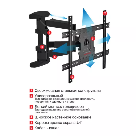 Кронштейн для телевизора настенный наклонно-поворотный Arm Media COBRA-60 32"-65" до 45 кг, изображение 3