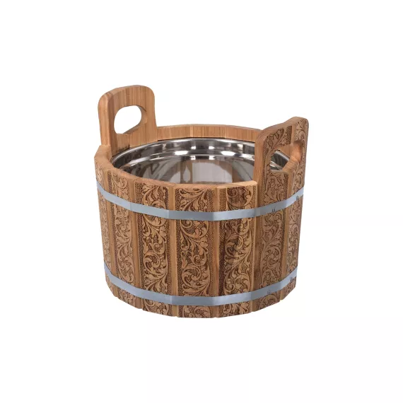 Ушат шайка c нержавеющей вставкой Банные Штучки Цветочный орнамент 10 л, дуб 33372, изображение 2