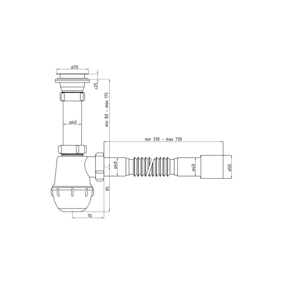Сифон для умывальника/мойки АНИ Пласт бутылочный, 1 1/2 дюйма x 40 мм, гофрированный, 40х40/50 мм, нержавеющая сетка A0115 025-0129, изображение 2