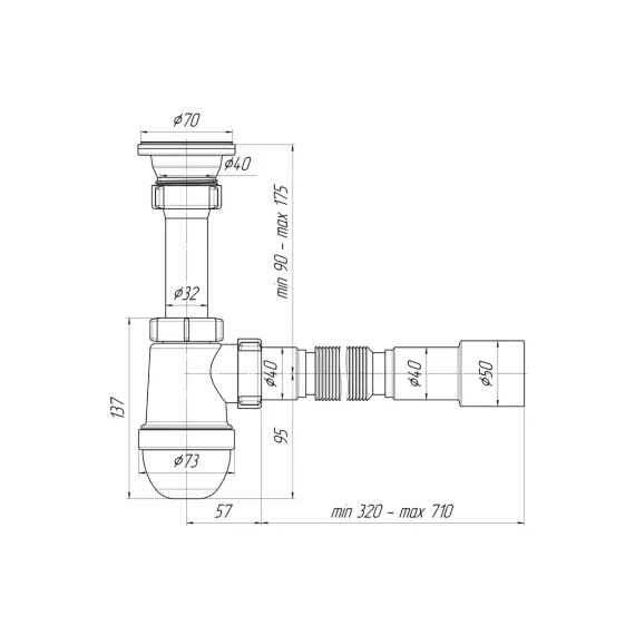 Сифон для умывальника/мойки АНИ Пласт бутылочный, 1 1/2 дюйма x 40 мм, гофрированный, 40х40/50 мм, нержавеющая сетка C0115 025-0135, изображение 2