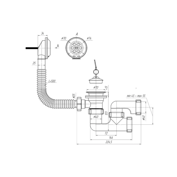 Сифон для ванны АНИ Пласт регулируемая пробка на цепочке, 1 1/2 дюйма x 40 мм, нержавеющая сетка E250 025-0040, изображение 2